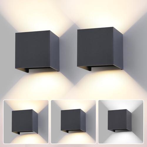 2 Pezzi LED 15W Lampada da Parete Esterno/Interno Regolabile 3 colori Cubo 11CM IP65 Impermeabile Lampade da Esterno Parete Applique Esterni Quadrata Angolo del Fascio Regolabile Moderne Antracite