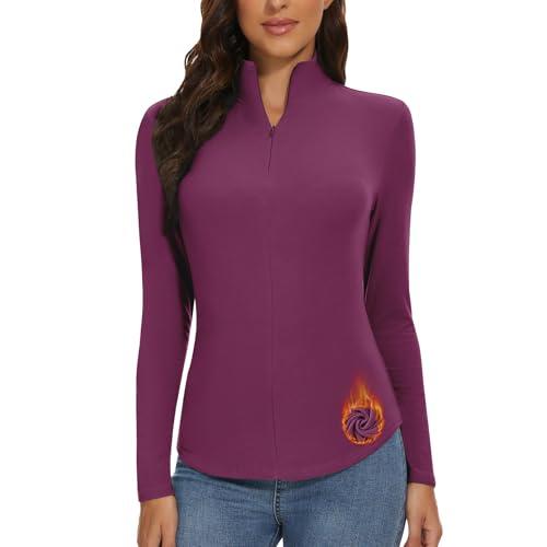 WOWENY Camicia Termica da Donna con Zip a 1/4 Manica Lunga Collo Alto in Pile Colletto alla Coreana Mezza Zip Felpa Pullover Caldo