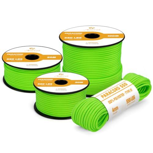 Abma Cord Paracord 4mm 15m Corda Paracord 550 Tipo III 7 Fili per All'aperto, Sopravvivenza, Campeggio, Fai Da Te - Max. 250 kg - Neon Verde
