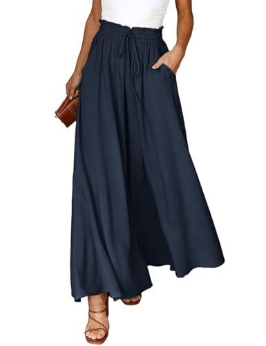 CMTOP Pantaloni Donna Estivi Casual Elastica Vita Alta Larghi Leggeri Pantaloni Eleganti Gamba Larga Pantaloni da Spiaggia con Coulisse (Blu Navy, M)