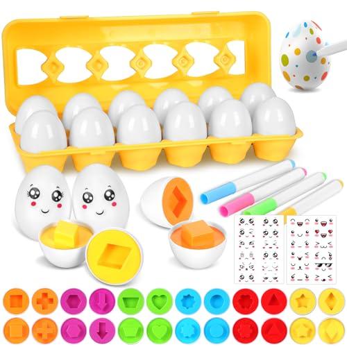 KOMABLEN Set di 12 Uova di Abbinate Giochi Montessori, Plastica uovo Giocattolo per Bambini Colore e Forma Riconoscimento