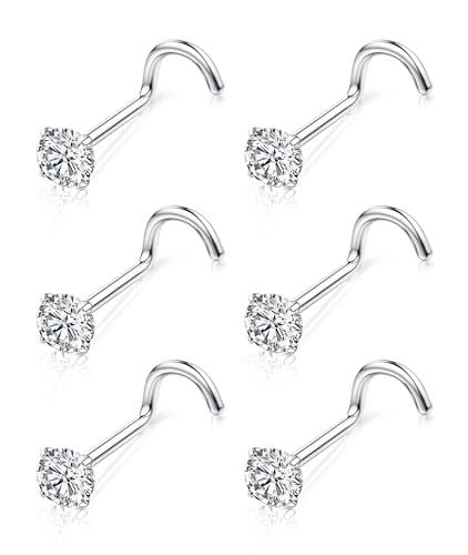 Chriscoco 6 Pezzi Piercing Naso Titanio G23 Piercing Naso Vite Piercing Naso Brillantino 3mm Cubico Zirconi Orecchini Naso Nostril Piercing 20G Piercing Naso Argento