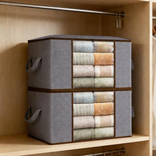 Confezione da 2 sacchetti portaoggetti da 90 l, contenitori pieghevoli per armadio, per trapunte, vestiti, coperte, cuscini, organizzazione e conservazione con manico, grigio
