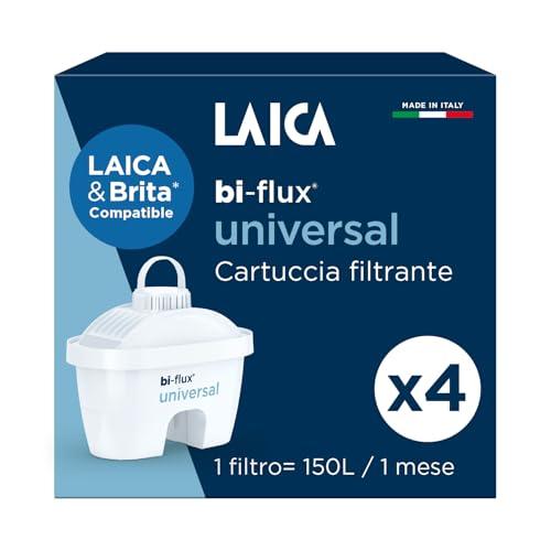 LAICA bi-flux® universal Filtro per Acqua - Compatibile con Caraffe Brita* - Preserva i Sali Minerali e Riduce Cloro e Metalli Pesanti - 4 Mesi di Acqua Filtrata (4 Filtri x 150L) - Made in Italy