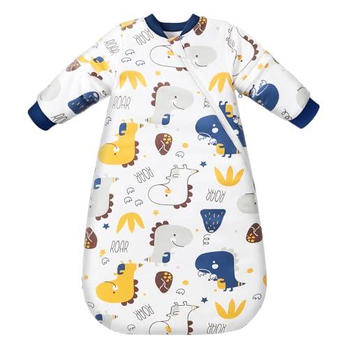 MIKAFEN Sacco nanna invernale per bambini 3,5 tog con maniche rimovibili, 100% cotone sacco a pelo con braccia,Piccoli Dinosauri 0-6 mesi
