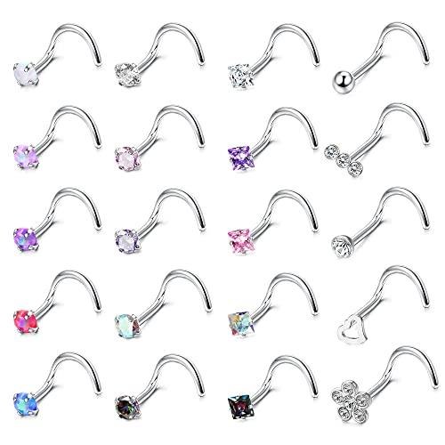 ADRAMATA 20 Pezzi 20G Piercing Naso Acciaio Chirurgico Naso Stud Set Diamante Opale CZ Nostril Piercing Gioielli per Donna Uomo Vite/Dritto/L Forma Naso Anelli Piercing Gioielli Multicolore,S