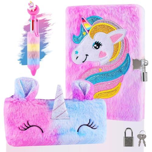 Beihre Diario Segreto Bambina con Lucchetto, Unicorno Diario Peluche con Sacchetto Della Penna e Penna Multicolore, Cancelleria Bambina Regalo di Natale (Viola)