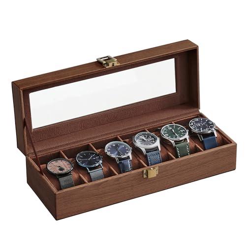 SONGMICS Porta Orologi a 6 Posti, Scatola Portaorologi, Coperchio in Vetro, Cuscini Rimovibili, Chiusura in Metallo, Idea Regalo, Superficie in PU Marrone, Interno Marrone JWB006K01