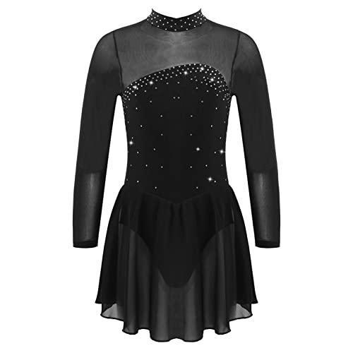 TiaoBug Abito da Pattinaggio Artistico Bambina Strass Tutu Leotards Vestito Danza Classica Body da Balletto Abito da Ballo Latino Costumi di Danza Jazz Danza Moderna Nero 10 Anni