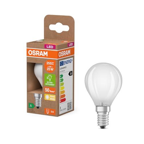 OSRAM dalla classica forma mini sferica, con filamento LED decorativo dal design satinato, classe di efficienza energetica A, E14, 1,2 W, 255 lm, 2700 K, bianco caldo. luce immediata al 100%.