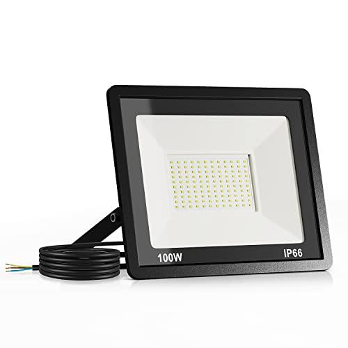 JESLED Faretto LED Esterno, 100W 10000LM Super Luminosa, 144LED 6000K Bianco Freddo, IP66 Impermeabile per Giardino e Garage (Cavo 1M)