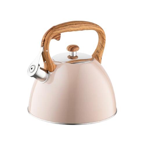 FLORINA Frank Kettle (2.5 Litres) I Stainless Steel Tea Kettle I Whistling Kettle with Wooden Handle I Automatic Whistling I Kettle for Induction Cooker, Gas Hob and Electric Hob I Colour: Brown Matt
