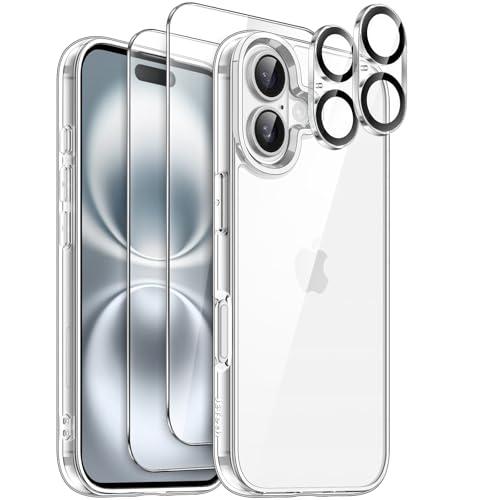 JETech 5 in 1 Cover per iPhone 16 6,1 Pollici con 2 Vetro Temperato Pellicola Protettiva e 2 Lente Fotocamera Protezione, Anti Ingiallimento Antiurto Cellulare Custodia (Trasparente)