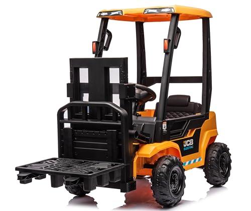 Muletto Elettrico per Bambini 12V Telecomandato Forche Elettriche con Leva Reale Suoni e Luci Carrello Elevatore JCB Giocattolo per Bambini con Comando a Distanza