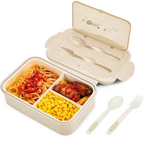 BIBURY Porta Pranzo, Lunch Box Prova di Perdite per Bambini e Adulti, Bento Box con 3 Scomparti e Posate(Forchetta e Cucchiaio), Portapranzo senza BPA, Sicuri per Microonde e Lavastoviglie - Kaki