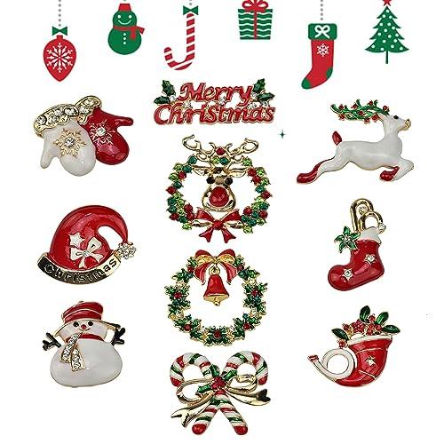 Kleemeiero 10 Pezzi Spilla Natalizia Spilla Albero di Natale Spilla Pupazzo di Neve Spilla Alce Spilla Calza di Natale Spilla Cappello di Natale Spille Cristallo Strass per Regalo Ornamenti Natale