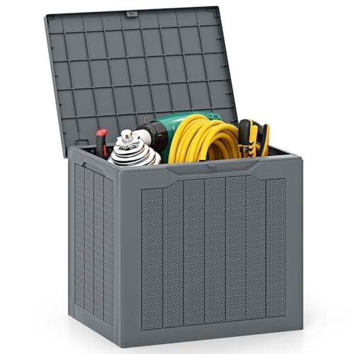 HOMASIS Baule da Esterno Impermeabile da 96L, Cassapanca Contenitore da Esterno con Coperchio e Texture Intrecciata in Rattan, Organizzatore per Patio, Giardino, Piscina, Terrazza (Grigio)