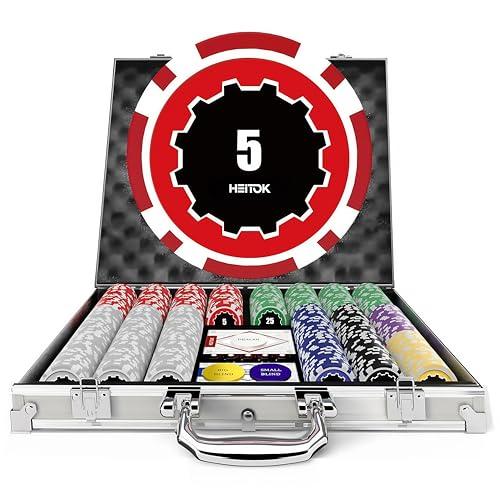 HEITOK Set di Poker, 500 Fiches da 11,5 grammi con Denominazioni, Set di Fiches da Casinò Numerate con Custodia in Alluminio, incluse 2 Mazzi di Carte da Gioco
