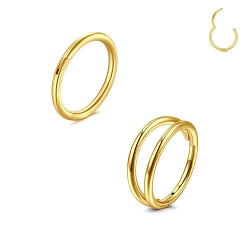 LAURITAMI 20G Hinged Clicker Segment Piercing Naso Cerchio Acciaio Chirurgico, Labbro Anelli Orecchino Cartilagineo Helix Trago Cartilagine Piercing Cerchio Oro 2 Pezzi 10mm