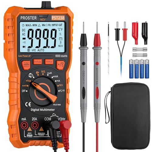 Proster Multimetro Digitale 6000 Conteggi 20A 1000V TRMS Auto Range Rilevatore NCV Misuratore di Tensione Corrente DC AC Temperatura Capacità Resistenza Diodo Tester di Continuità con una Borsa