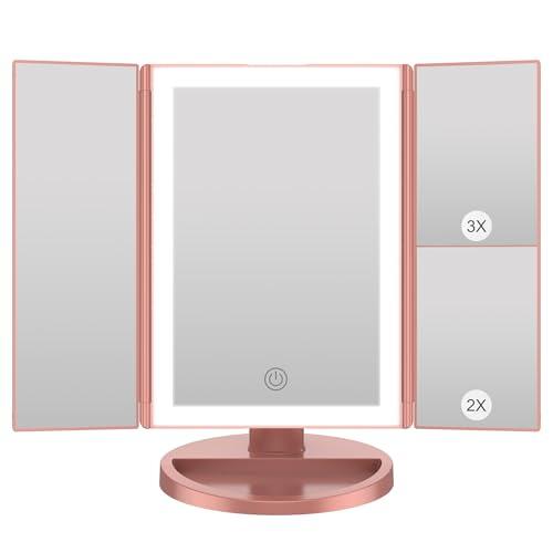 WEILY Specchio Trucco con Luci, specchio Ingranditore con 1X/2X/3X, Specchio Led Trucco Tri-Fold con Touch Screen, Specchio da Tavolo Supporto USB e Batteria (Oro Rosa)