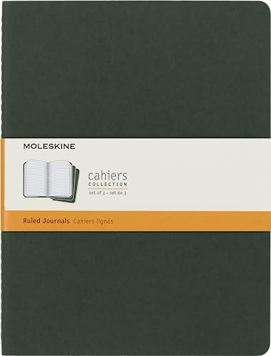Moleskine Cahier Journal, Set di 3 Quaderni con Pagine a Righe, Copertina in Cartone con Cucitura in Cotone Visibile, Colore Verde Mirto, Extra Large 19 x 25 cm, 120 Pagine