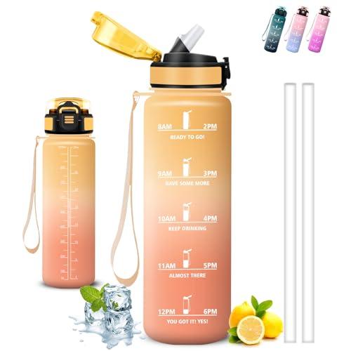 Borraccia 1 litro, Borraccia con Cannuccia, Senza Perdite, Bottiglia 1 litro Motivazionale, Facile da Pulire, Water Bottle Graduata, Con Slogan Motivazionale, Borracce per Fitness, Yoga, Escursionismo