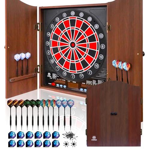 WIN.MAX Freccette Elettronico, Set di Armadio Decorativo Bersaglio Freccette Offre 34 Giochi per un Massimo di 8 Giocatori tra cui 12 Frecce a Punta Morbid (Marrone)
