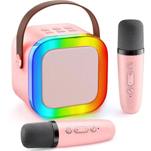 Gontence Karaoke con 2 Microfono Bambini - Macchina Musicale con Luce LED - Regalo per Bambine 3-12 Anni - Giocattolo Giochi Bambina 3-12 Anni -Mini Microfono Rosa per Karaoke