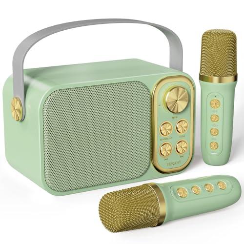 BESCOST Karaoke per Bambini Verde Professionale Completo con 2 Microfoni Wireless,Cassa Portatile 7 Effetti Sonori,Idea Regalo Compleanno,Giocattolo Natale 5-14 Anni