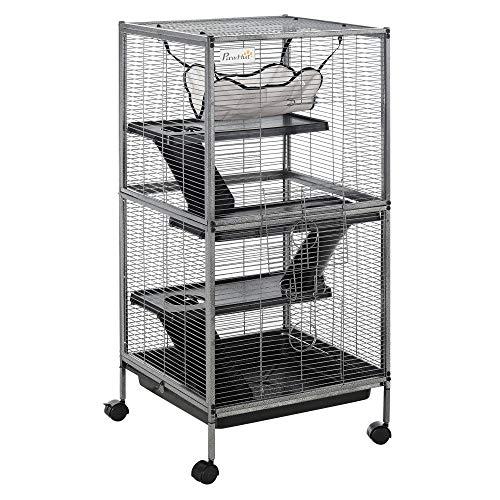 PawHut Gabbia in Acciaio per Roditori, Criceti e Cincillà con 3 Piani, 4 Ruote, Amaca e Vassoio Rimovibile 52 x 52 x 113.5cm