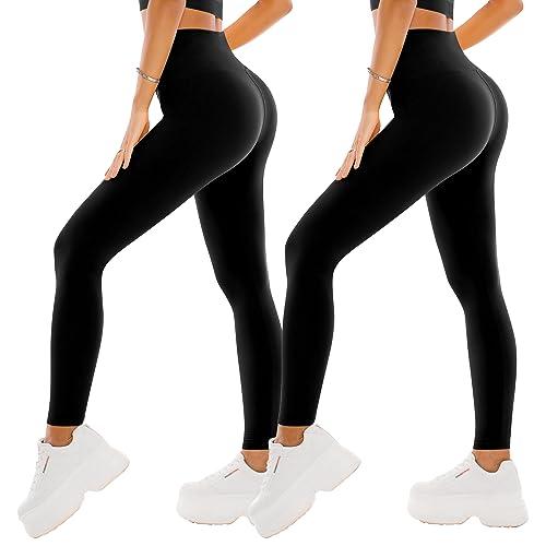 SINOPHANT 2 Confezione Leggins Sportivi Donna a Vita Alta, Pantaloni Yoga Controllo della Pancia Opaco Elastici Leggings,L-XL,Nero/Nero