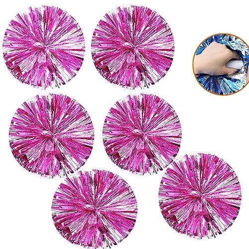 6pcs Pom Poms Cheerleading, Pompoms Cheerleader, 35cm Metallici Pon Pon Cheerleader, Cheerleader Pom Poms Pallina con Manico Per Sport di Squadra Calcio Ballo Cheering Bambini Adulti (Rosa+Argento)