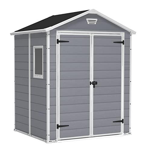 Keter Casetta da giardino Manor 6x5, Finitura Effetto Legno Graffiato, Grigia, 185x152x226 H Cm