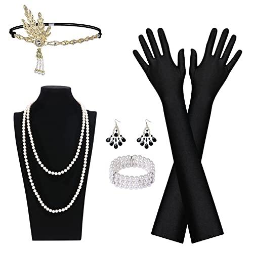 AOMIG Accessori Anni '20, 6 Pz 1920 Accessori Set 20' Anni Accessori Set per Donna, Flapper-anni 20 Set di Accessori Anni '20 con Orecchini Collana Flapper-Fascia Lunghi Guanti Canna Braccialetto