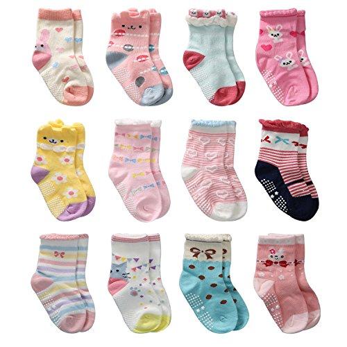 Cottock 12 Paia Ragazze e Bambine Calzini Antiscivolo Cotone Calzini, Ragazza Calzini Antiscivolo per Bambina Piccola (12 paia, 3-5 anni)