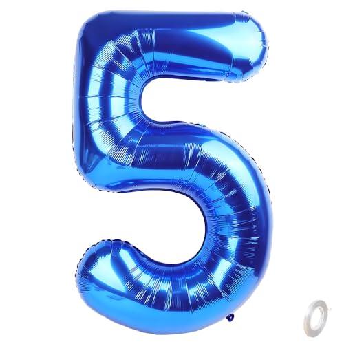 Balorise 40 Pollici Foil Palloncino Blu Numero 5, Gonfiabili Elio, Grande Numeri 0-9, 10-100 (101cm), Decorazione di Alluminio Palloncini per Festa di Compleanno Anniversario
