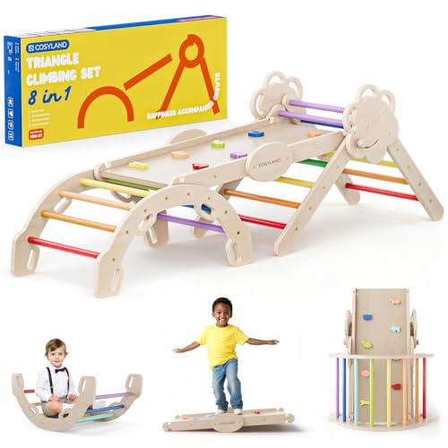 COSYLAND Set da Arrampicata per Bambini 8 in 1 – Triangolo Pikler Grande Regolabile con Scivolo, Arco e Rampa | Palestra Montessori da Interno Pieghevole 18M–6A(Multicolore)