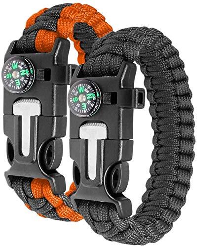 Ember Rock Braccialetto di sopravvivenza in paracord, confezione da 2 braccialetti con accendifuoco, include bussola, acciaio al fuoco, fischietto e corda da paracadute, 5 inches, Paracord