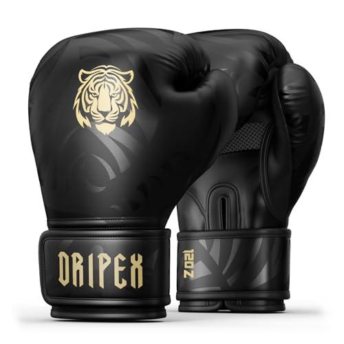Dripex Guantoni da Boxe, Guanti da Sacco Boxe in Pelle PU Unisex Adulto, Guantoni da Allenamento Muay Thai MMA Arti Marziali, Guantoni da Combattimento, Boxing Gloves Uomo Donna Bambino, Oro (12 oz)