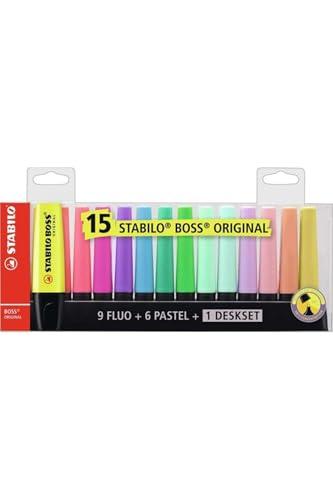 EVIDENZIATORE - STABILO BOSS ORIGINAL DESK-SET - 15 COLORI ASSORTITI 9 NEON + 6 PASTEL