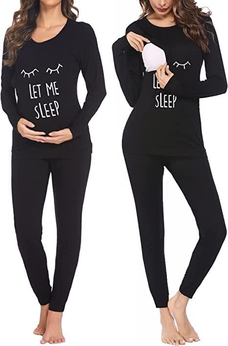 Ekouaer Premaman Cotone Pigiama Donna Pigiama Due Pezzi Premaman Lunga Set Pigiama da Allattamento Abbigliamento Parto Ospedale Invernali, Nero-2, M