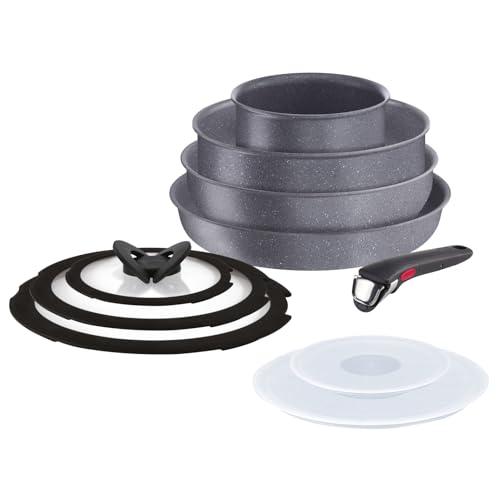 Lagostina Ingenio Mineralis Eco Set Padelle Antiaderenti in Alluminio 100% Riciclato, Adatto all’Induzione, 10 Pezzi, Casseruola 16cm, Padella 28cm, Tegame 24cm, Wok 26cm, 5 Coperchi e Manico