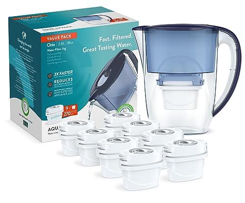 Aqua Optima Oria - Caraffa filtrante per acqua, 9 cartuccia filtrante Evolve+, capacità 2,8 l, per ridurre microplastiche, cloro, calcare e impurità, colore: blu