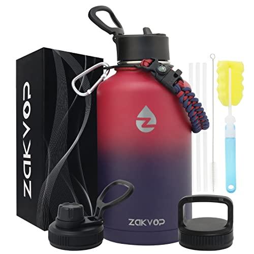 ZAKVOP Borraccia Termica 2 Litri con Cannucce e 3 Coperchi, Borraccia Acciaio Inox con Manico in Paracord, Bottiglia Termica con Spazzole per Palestra, Escursionismo, Campeggio (Rosso+Viola)