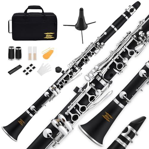 Clarinetto Eastar B Flat per Principianti, Clarinetto in Ebanite Nichelato con 2 Canne, 3 Ance, Guanti Bianchi, Custodia Rigida, Cleaning Kt, ECL-300