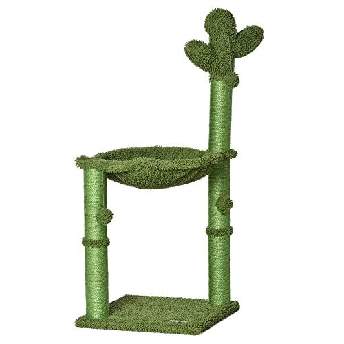 PawHut Albero Tiragraffi per Gatti Adulti e Gattini a Forma di Cactus con Corda Sisal, Palline e Amaca, Altezza 96cm, Verde