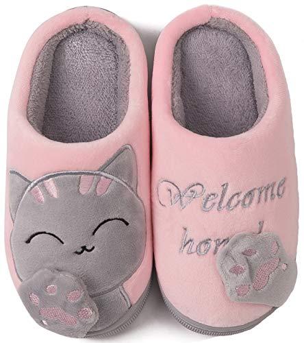 ChayChax Carino Cartone Animato Pantofole da Casa Bambini Uomo Donna Inverno Peluche Ciabatte Interne Comode Caldo Scarpe di Cotone Invernale, Rosa Grigio, 37/38 EU=Produttore 38/39