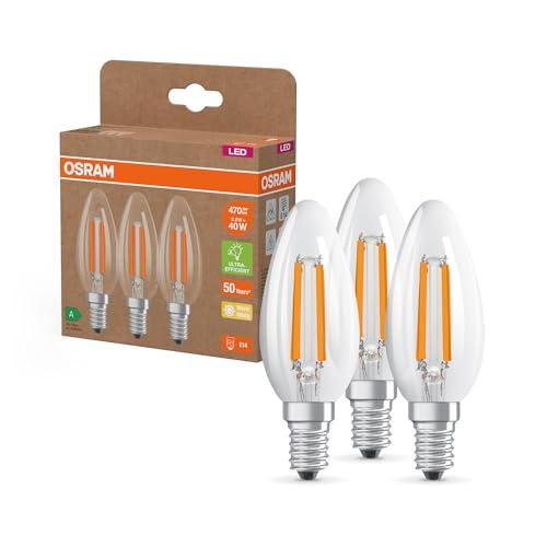 OSRAM Lampade LED ad alta efficienza con classe energetica A, confezione vantaggiosa con 3 lampadine, sostituisce le tradizionali lampadine da 40W, forma a candela, bianco caldo, E14,vetro a filamento