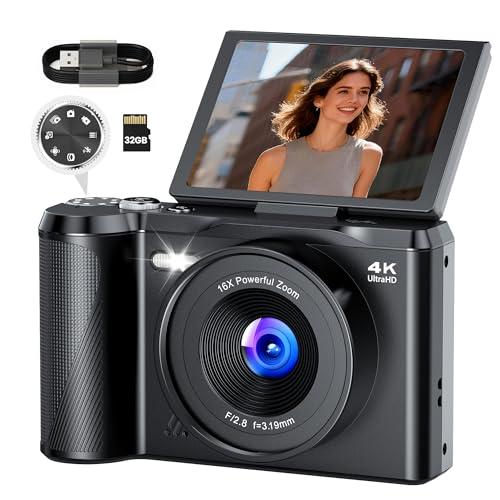 Macchina Fotografica Digitale 4K Ultra HD: 56MP Fotocamera Macchine con Molette di Modalità per Principianti - Flip 180° Videocamera con Scheda di Memoria da 32GB - Digitale Camera con Autofocus